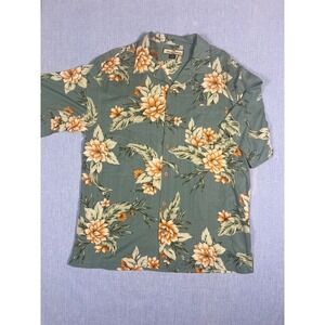 #A010 Tommy Bahama 100% Silk Camp Shirt – Green Floral Tropical – Men's Medium